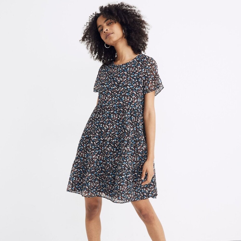 Madewell Short-Sleeve Tiered Mini Dress in Spring Prairie Black Floral XS